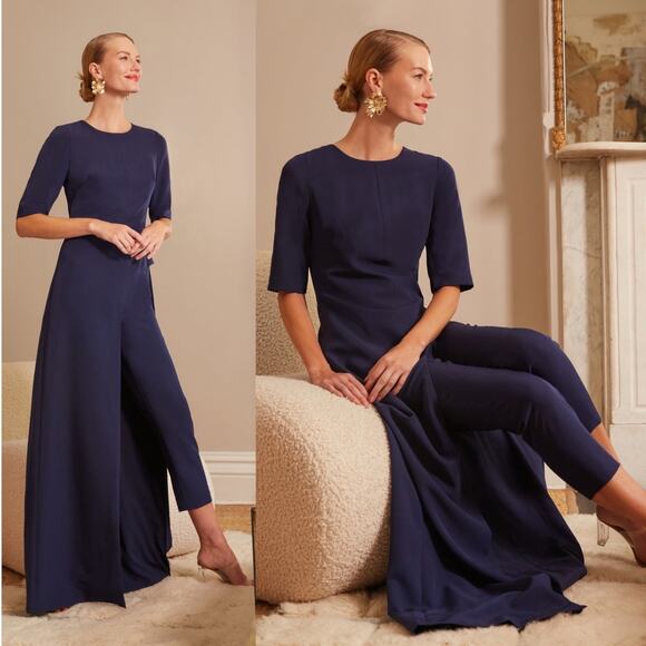 Kay Unger Davina Stretch Walk Thru Jumpsuit Midnight Blue Size 4 - Picture 1 of 12